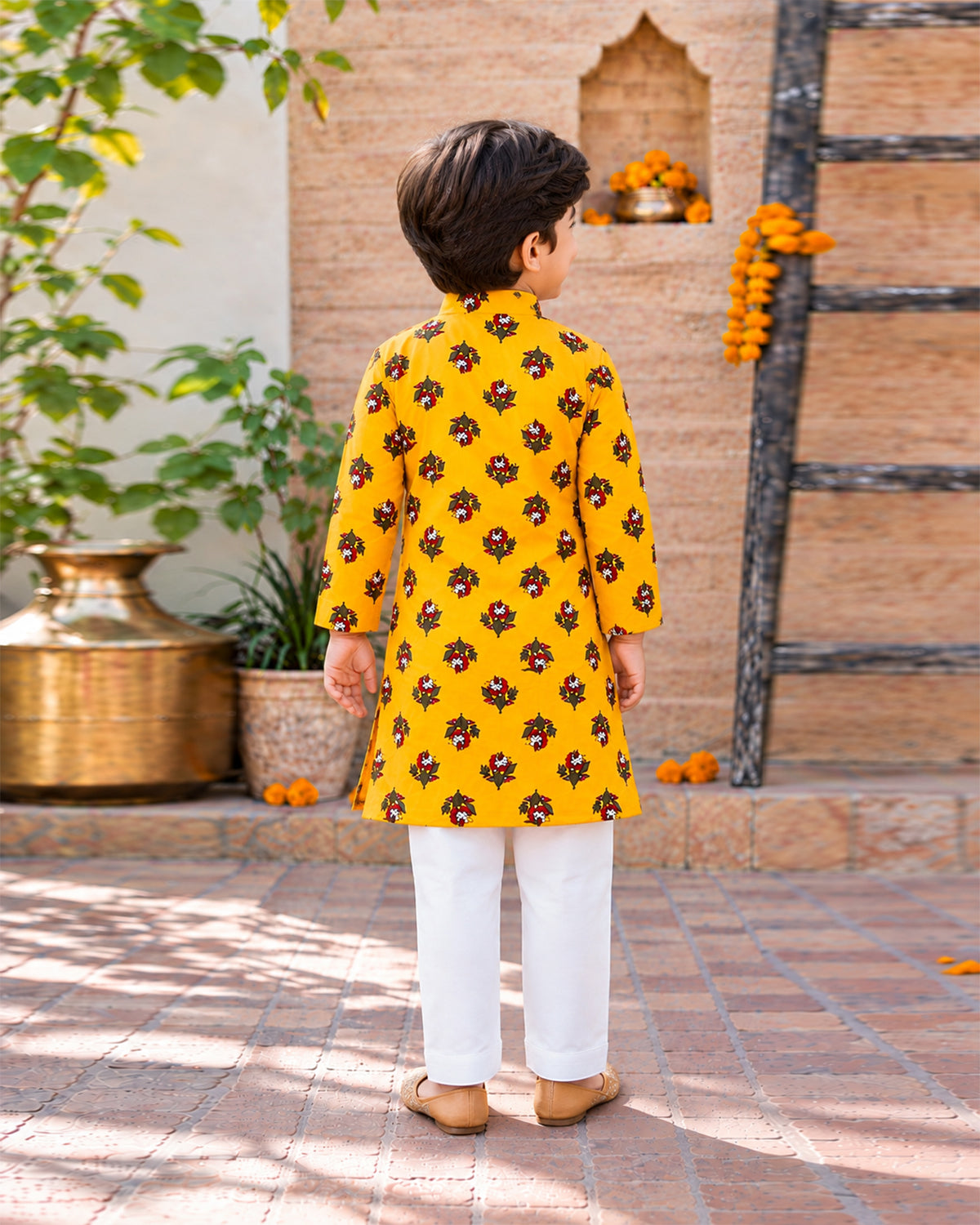 Boys Handblook Print Kurta Pajama Set - Yellow Colour 147