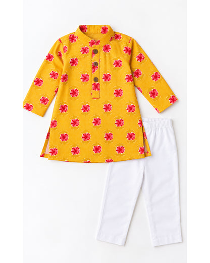 Boys Handblook Print Kurta Pajama Set - Yellow Colour 156