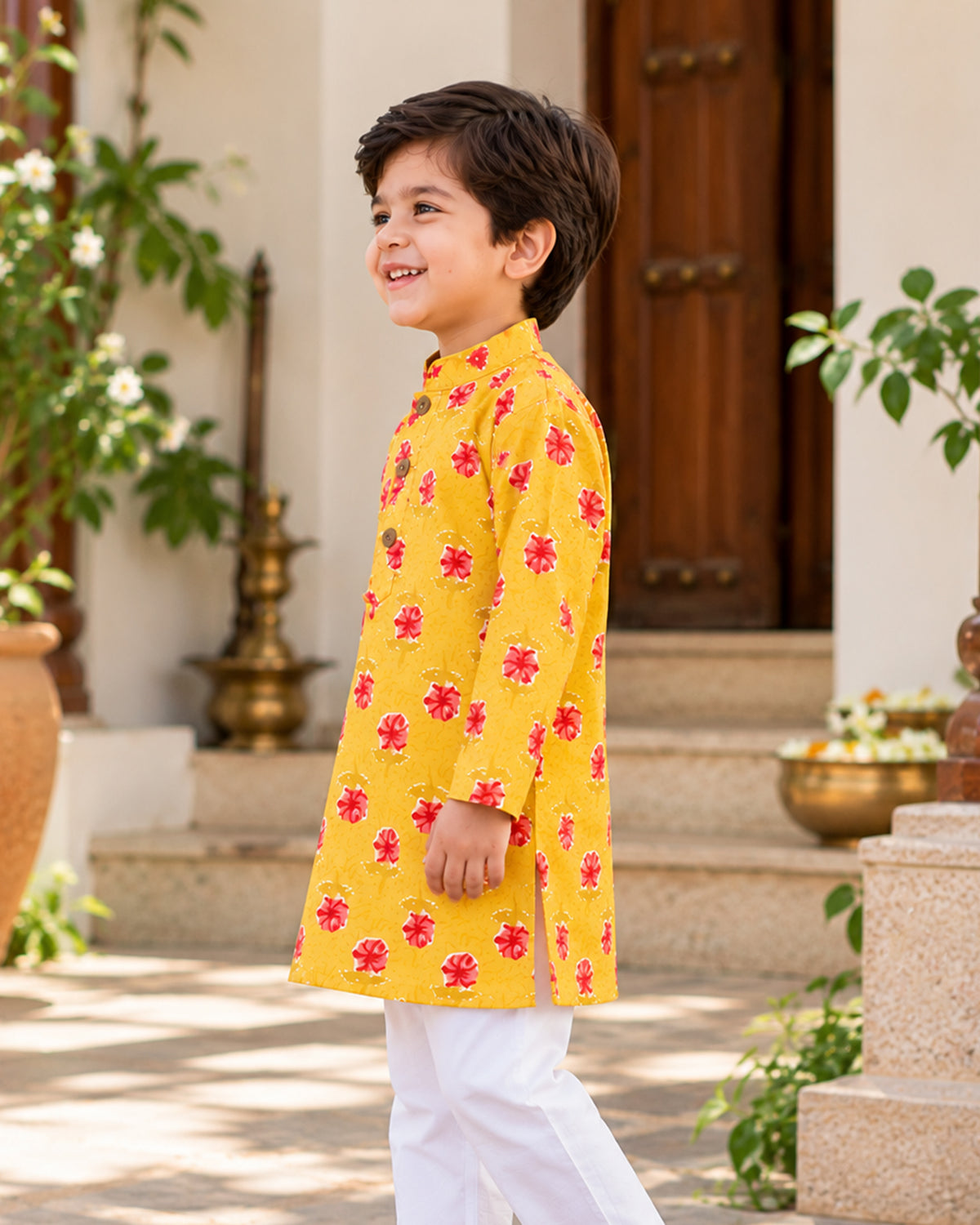 Boys Handblook Print Kurta Pajama Set - Yellow Colour 156
