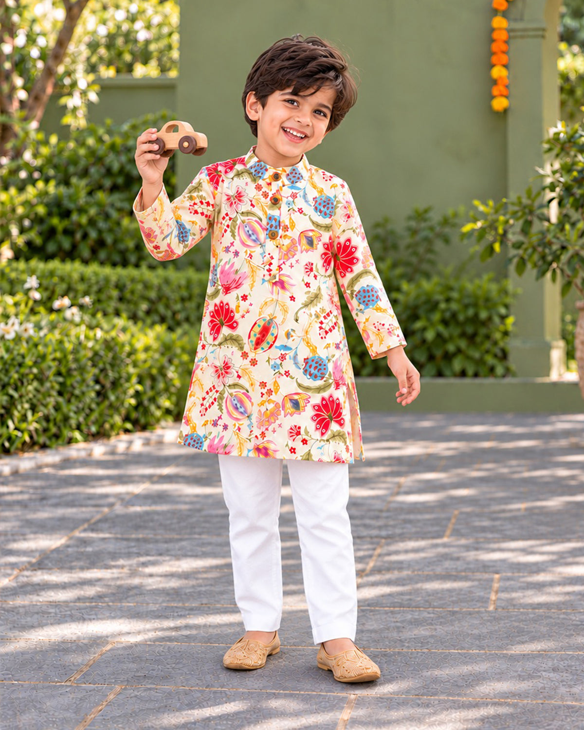 Boys Handblook Print Kurta Pajama Set - White Colour 147