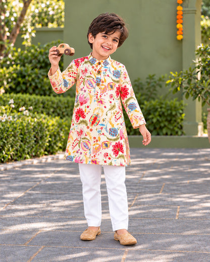 Boys Handblook Print Kurta Pajama Set - White Colour 147