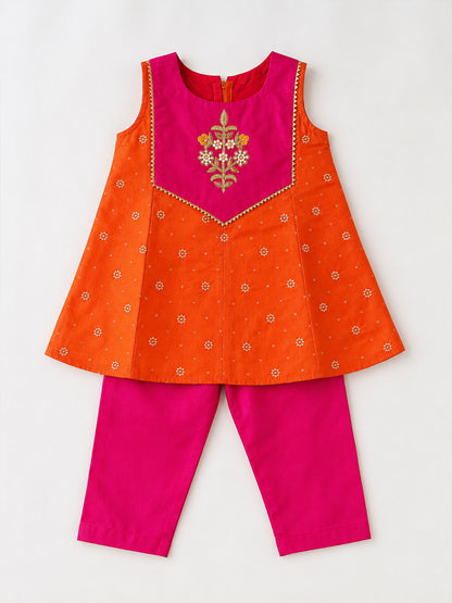 Noor - Silk Kurta Pajama Set For Girls - Orange - 134