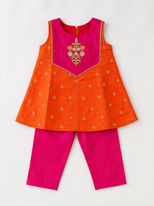 Noor - Silk Kurta Pajama Set For Girls - Orange - 134
