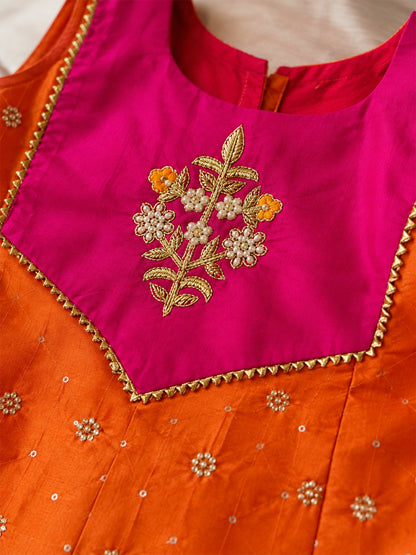 Noor - Silk Kurta Pajama Set For Girls - Orange - 134