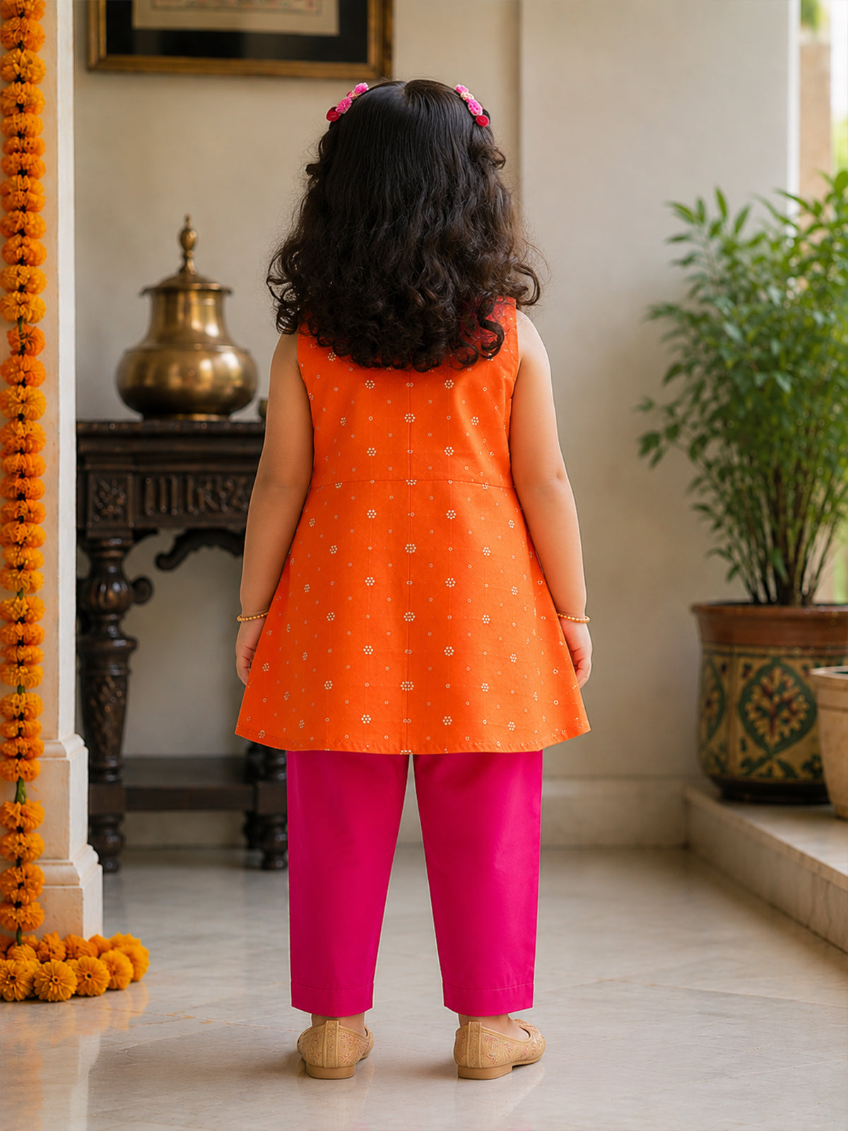 Noor - Silk Kurta Pajama Set For Girls - Orange - 134
