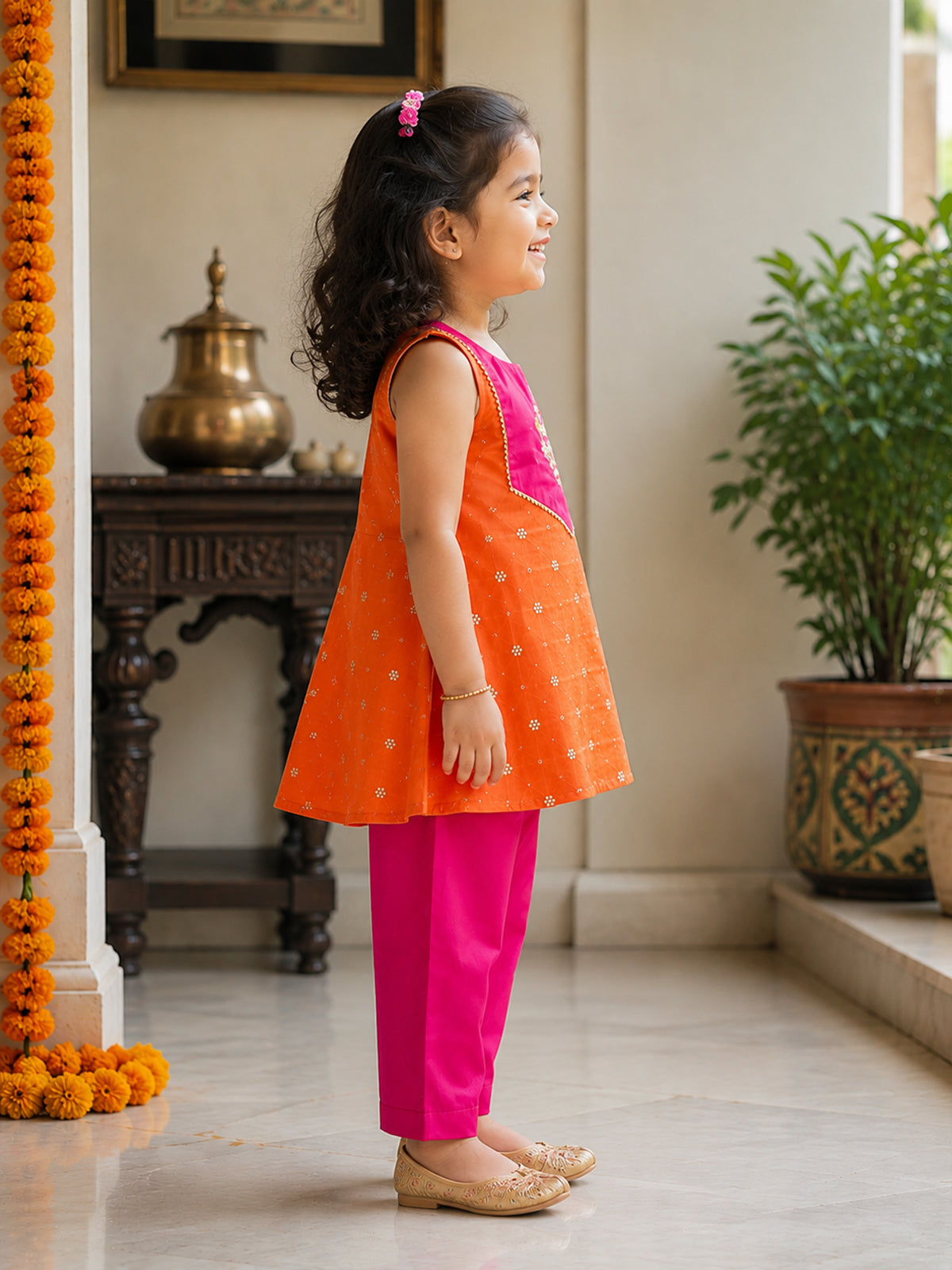Noor - Silk Kurta Pajama Set For Girls - Orange - 134