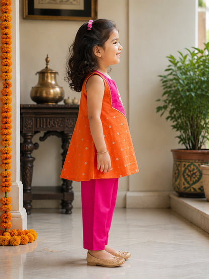 Noor - Silk Kurta Pajama Set For Girls - Orange - 134