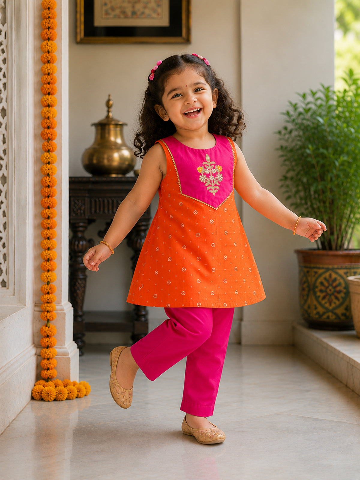Noor - Silk Kurta Pajama Set For Girls - Orange - 134