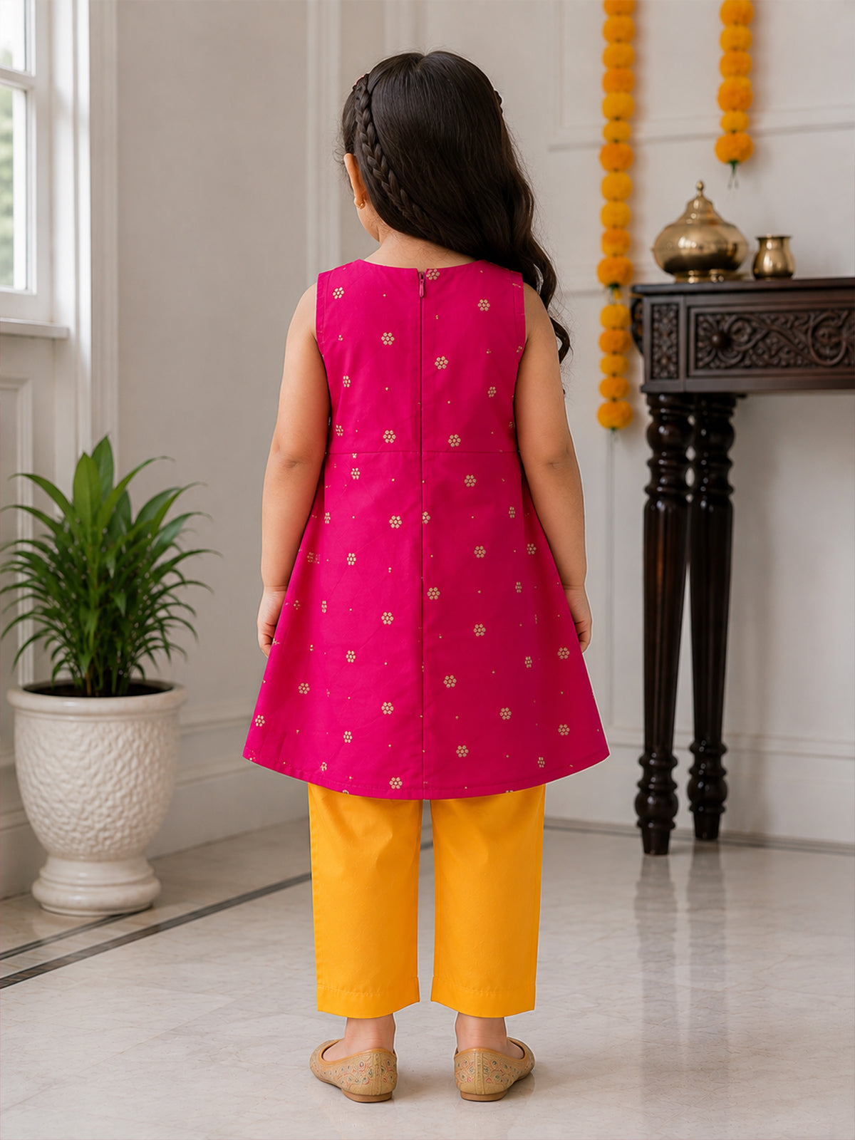 Noor - Silk Kurta Pajama Set For Girls - Pink - 135
