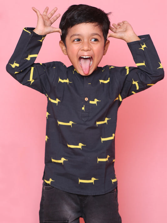 Cotton Short Kurta For Boys & Girls - Black with Doggy Print - 13