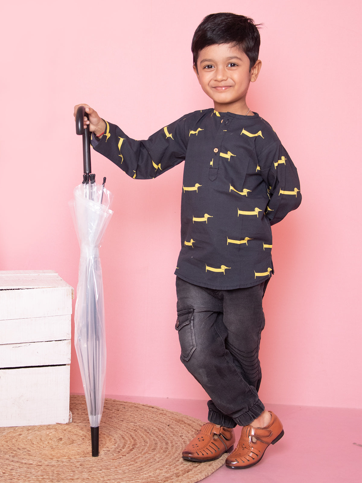 Unisex Cotton Short Kurta - Black with Doggy Print - 13