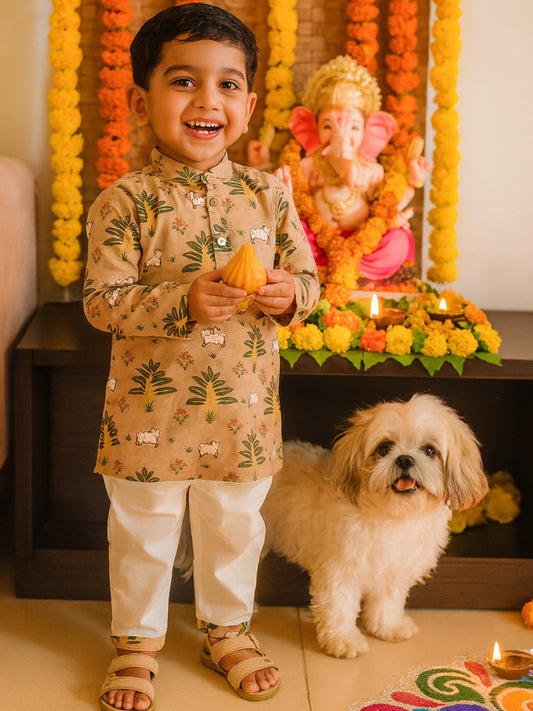 Boys Cotton Cow Pichwai Print Kurta Pajama Set - 70