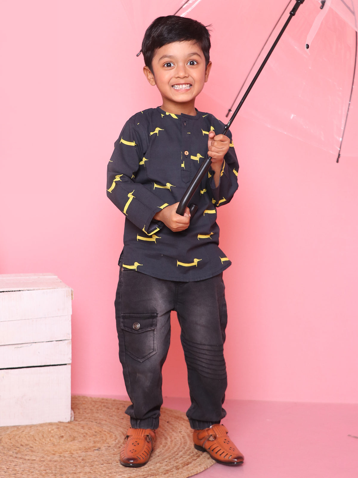 Unisex Cotton Short Kurta - Black with Doggy Print - 13