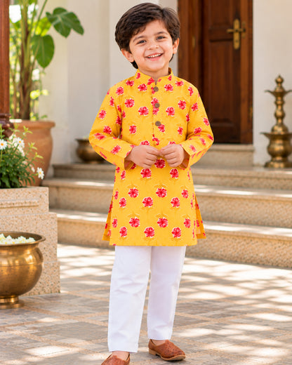 Boys Handblook Print Kurta Pajama Set - Yellow Colour 156