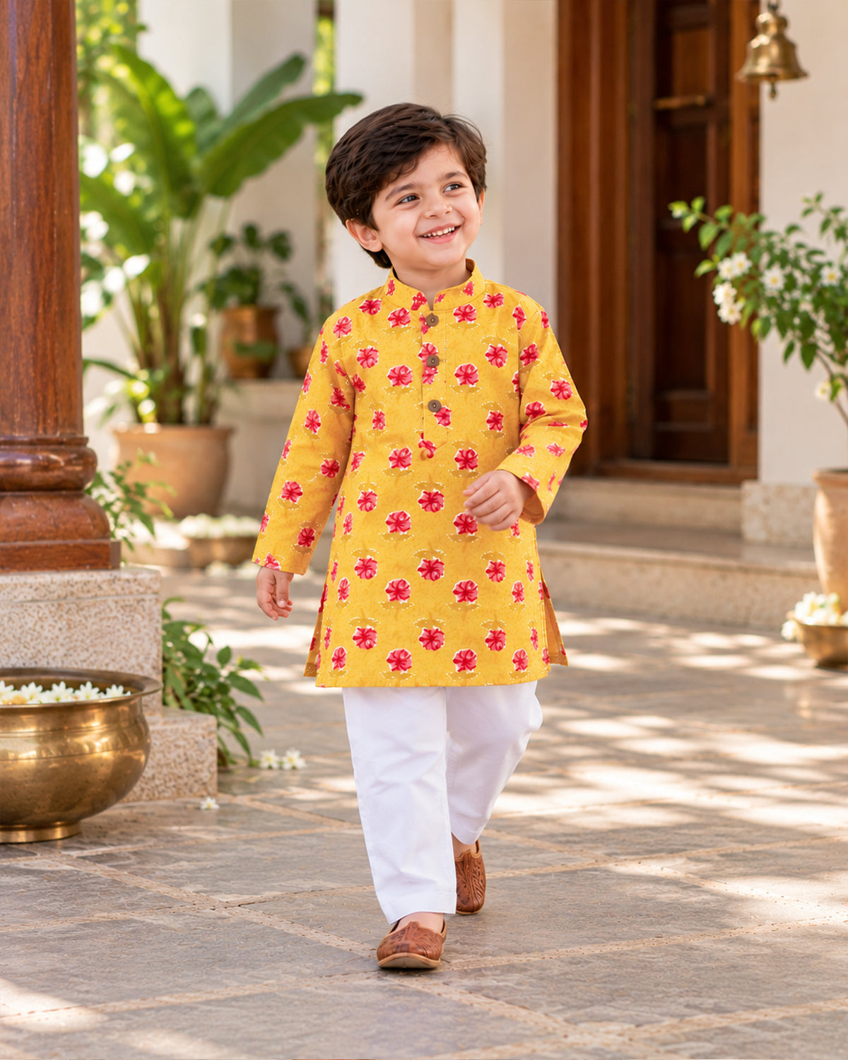 Boys Handblook Print Kurta Pajama Set - Yellow Colour 156