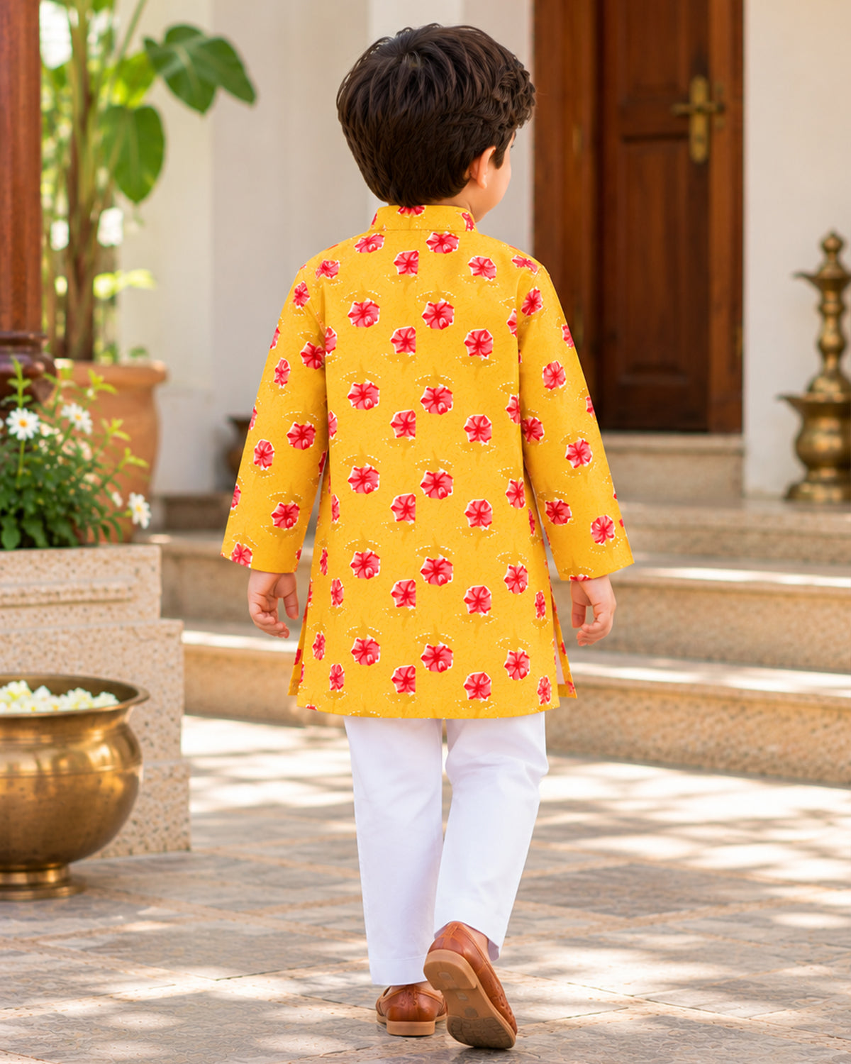 Boys Handblook Print Kurta Pajama Set - Yellow Colour 156