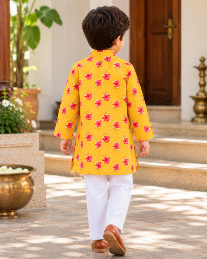 Boys Handblook Print Kurta Pajama Set - Yellow Colour 156