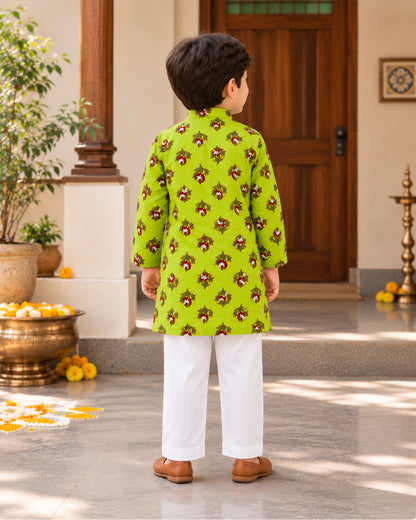 Boys Handblook Print Kurta Pajama Set - Green Colour 146