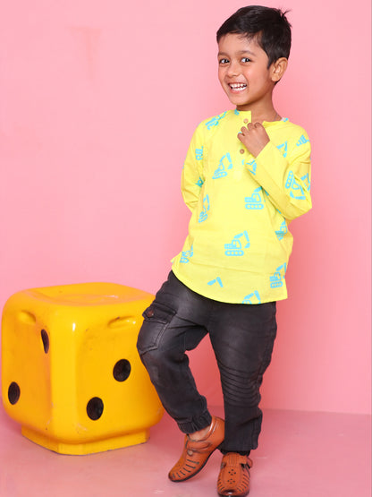 Cotton Short Kurta For Boys & Girls -Neon Yellow with Excavator Print - 33