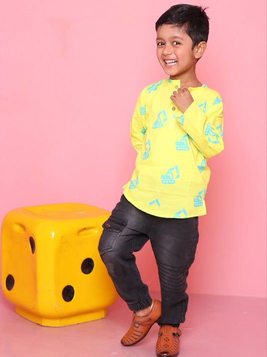 Cotton Short Kurta For Boys & Girls -Neon Yellow with Excavator Print - 33