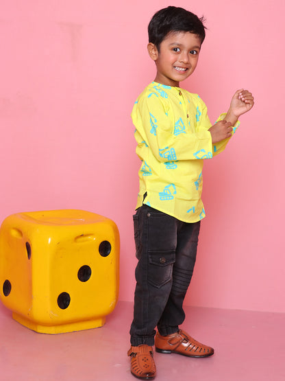 Cotton Short Kurta For Boys & Girls -Neon Yellow with Excavator Print - 33