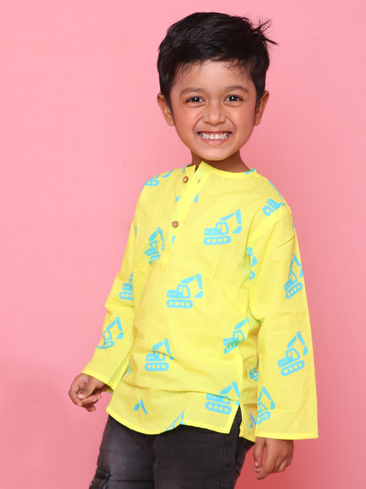 Cotton Short Kurta For Boys & Girls -Neon Yellow with Excavator Print - 33