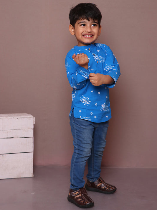 Cotton Short Kurta For Boys & Girls - Indigo Blue with Sheep Print - 14