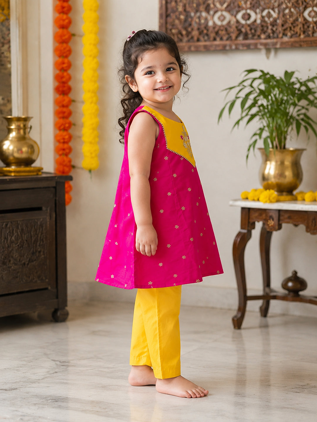 Noor - Silk Kurta Pajama Set For Girls - Pink - 135