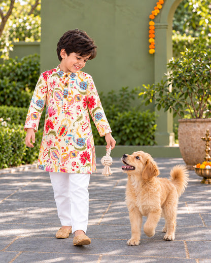 Boys Handblook Print Kurta Pajama Set - White Colour 147