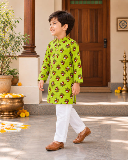 Boys Handblook Print Kurta Pajama Set - Green Colour 146