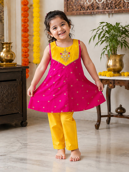 Noor - Silk Kurta Pajama Set For Girls - Pink - 135