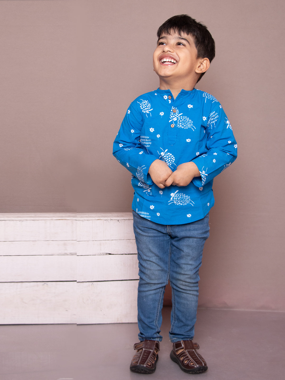 Unisex Short Cotton Kurta - Indigo Blue with Sheep Print - 14