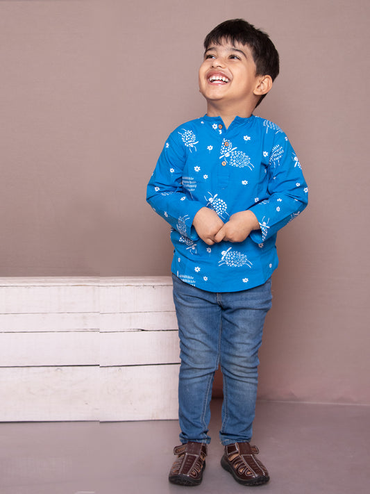 Cotton Short Kurta For Boys & Girls - Indigo Blue with Sheep Print - 14