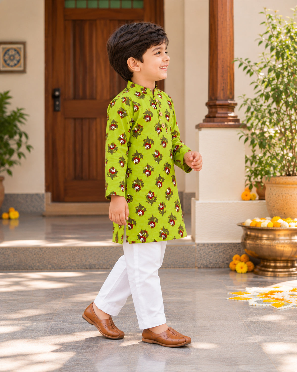 Boys Handblook Print Kurta Pajama Set - Green Colour 146