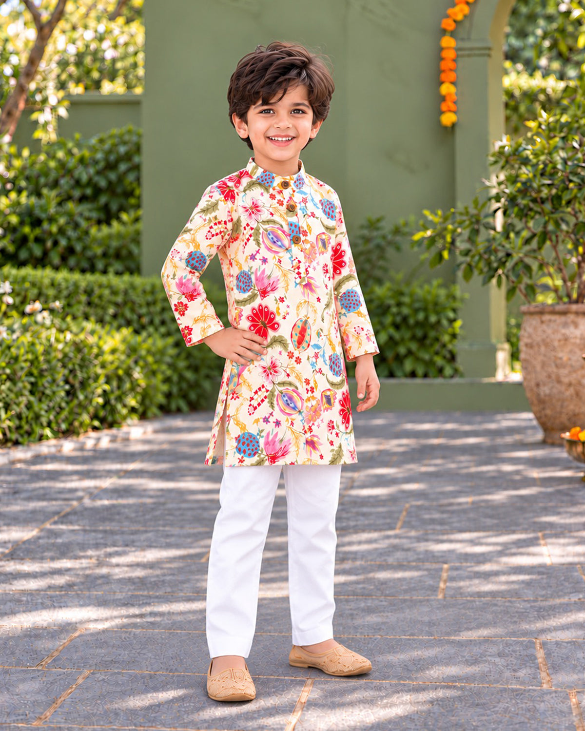 Boys Handblook Print Kurta Pajama Set - White Colour 147