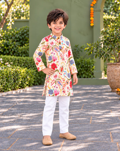 Boys Handblook Print Kurta Pajama Set - White Colour 147