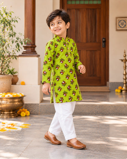Boys Handblook Print Kurta Pajama Set - Green Colour 146