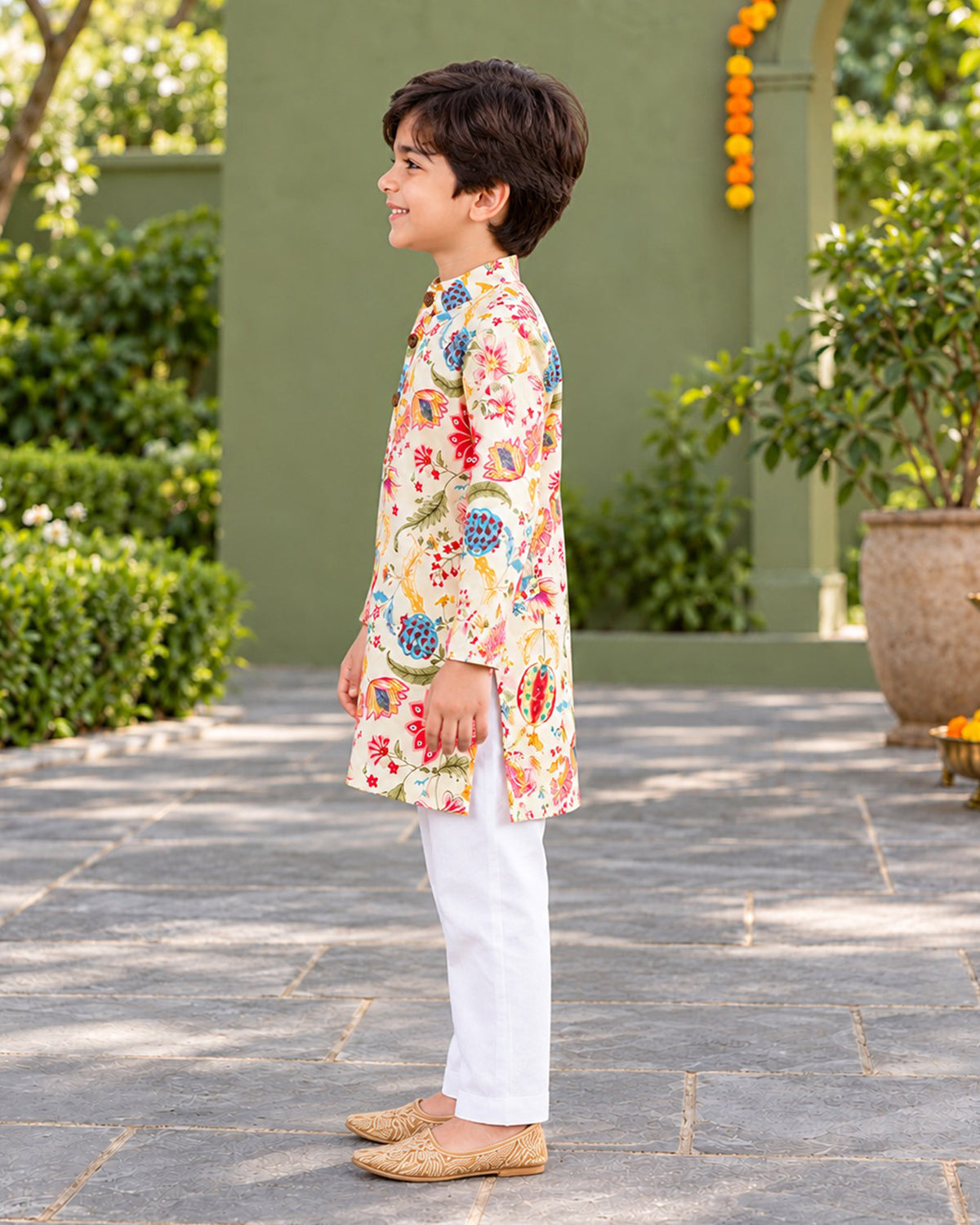 Boys Handblook Print Kurta Pajama Set - White Colour 147