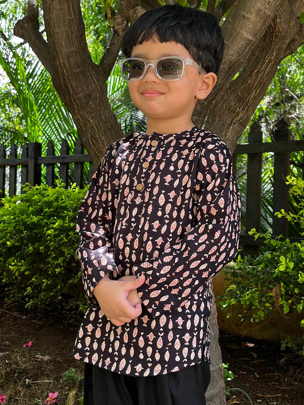 Short Cotton Kurta For Boys & Girls - Fish Motif Handblock Printed - 17
