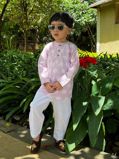 Unisex Short Cotton Kurta - Shell Handblock Printed - 15