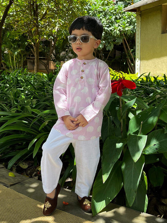 Short Cotton Kurta For Boys & Girls - Shell Handblock Printed - 15
