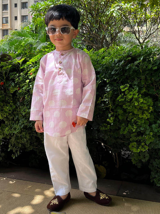 Short Cotton Kurta For Boys & Girls - Shell Handblock Printed - 15