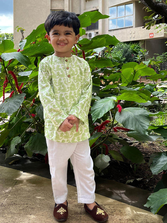 Short Cotton Kurta For Boys & Girls - Monkey Handblock Printed - 16