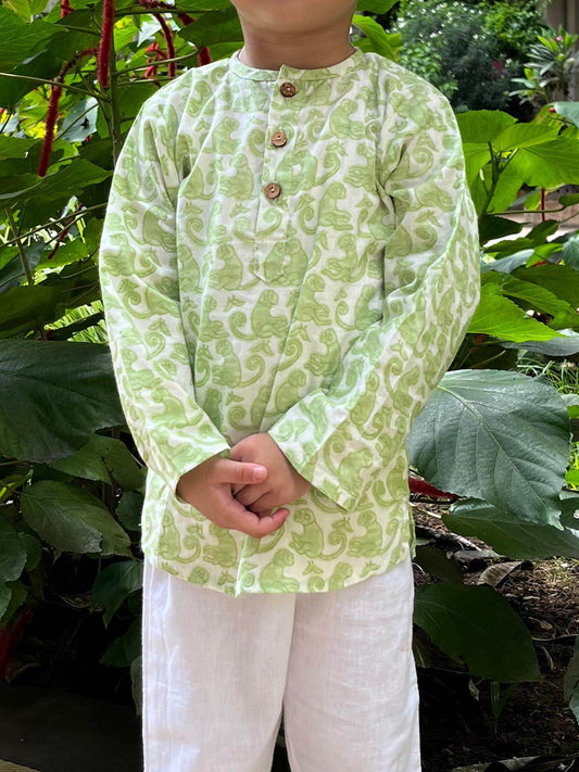 Short Cotton Kurta For Boys & Girls - Monkey Handblock Printed - 16