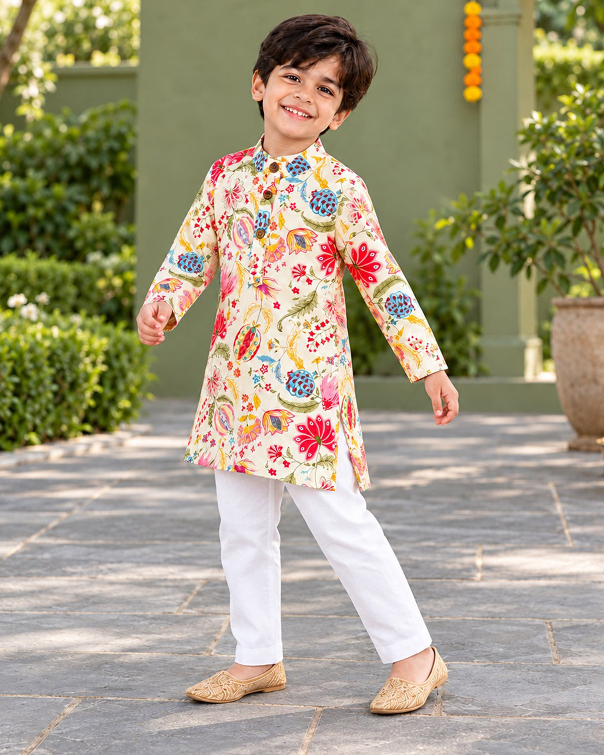 Boys Handblook Print Kurta Pajama Set - White Colour 147