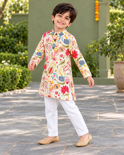 Boys Handblook Print Kurta Pajama Set - White Colour 147