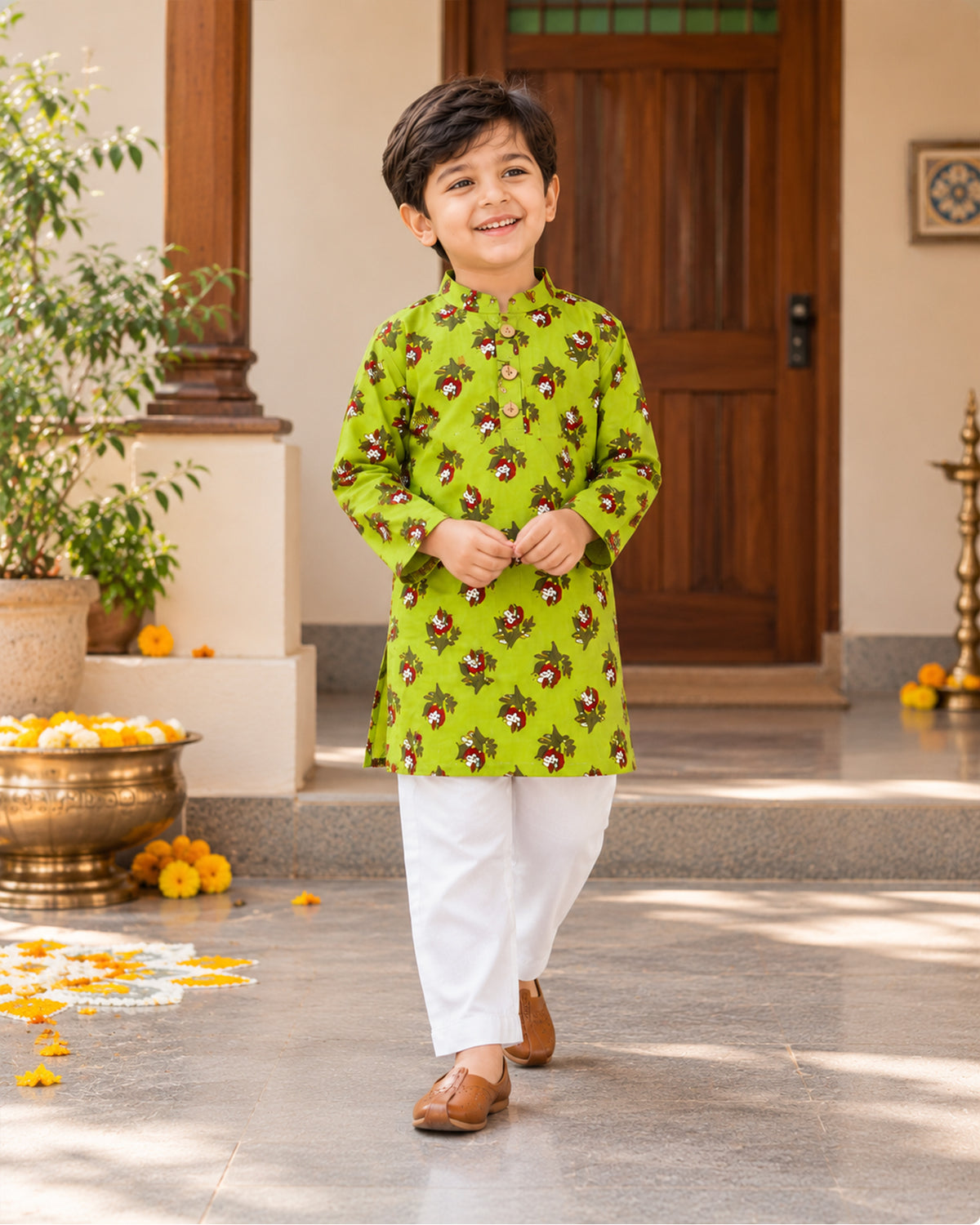 Boys Handblook Print Kurta Pajama Set - Green Colour 146