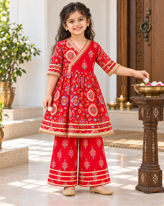 Girls Ethnic Sharara Set - Red Blossom 156
