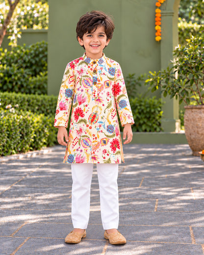 Boys Handblook Print Kurta Pajama Set - White Colour 147